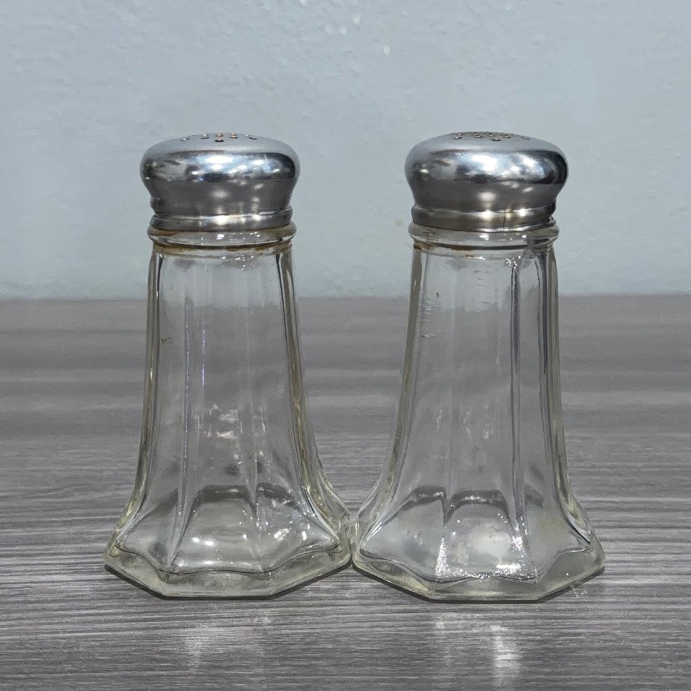 Vintage Brockway Glass Paneled Salt and Pepper Shakers Set Clear Octagon Base